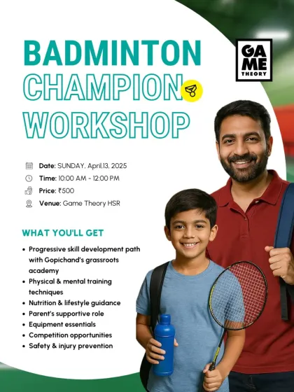 Unlock your kid's potential with our Badminton Champion Workshop. This program covers everything from skill development to mental resilience, based on Pullela Gopichand's academy methodology.