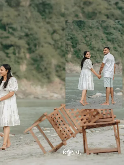 A collage showing a couple walking hand-in-hand on the riverbank, with a picnic-like setup.