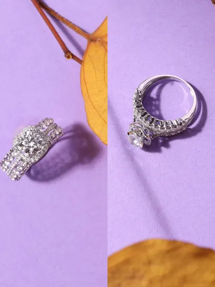 This diptych highlights the sparkle of diamond rings against a solid purple background, using dried leaves to add a touch of organic texture and contrast.