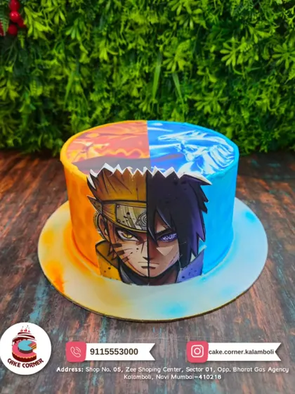 A unique Naruto and Sasuke split-design cake, showing the two rivals side-by-side. This edible print cake is great for fans who can't choose a favourite.