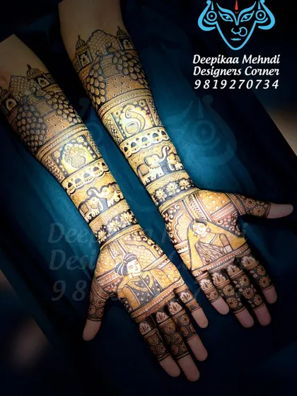 A beautiful example of a full bridal story. This design includes portraits of the bride and groom, a doli scene, and other wedding rituals, all drawn with incredible detail from the palms to the elbows.