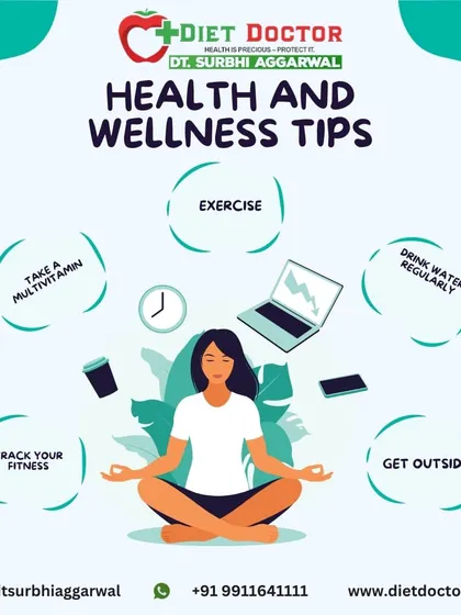 This visual represents the key components of health and wellness. It includes exercise, drinking water, getting outside, tracking fitness, and taking multivitamins as part of a balanced lifestyle.