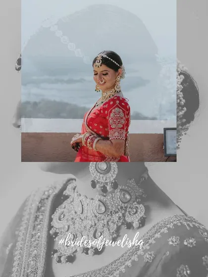 A black and white collage showing our bride Janhavi's journey to her final look. She chose an elaborate polki choker that covered her neck for a truly royal statement.