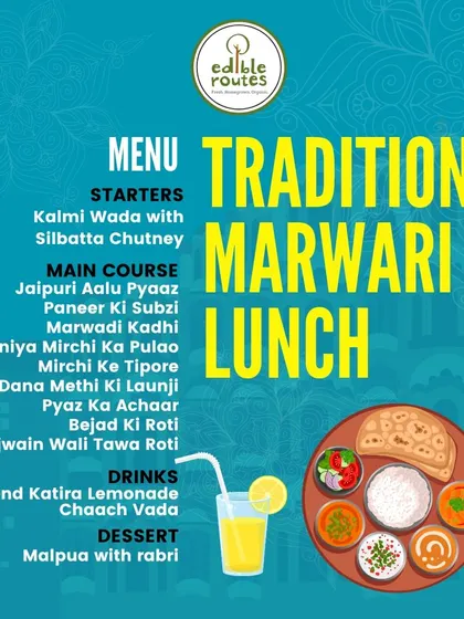 The authentic menu for our Marwari Lunch, featuring classics like Jaipuri Aalu Pyaaz, Marwadi Kadhi, and Bejad Ki Roti.