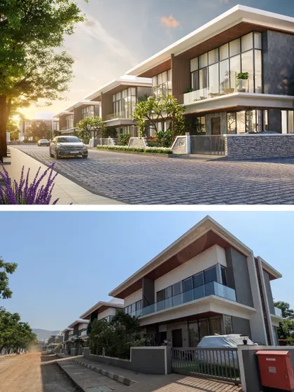 A comparison of the 3D render and the actual site photo for a modern bungalow project in Lonavala.