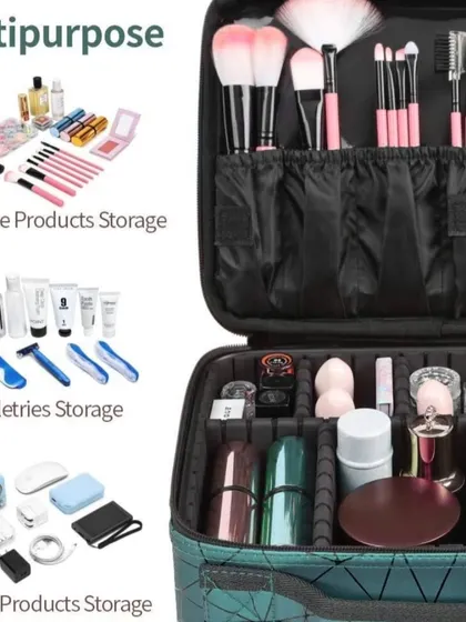 An infographic showing the multipurpose nature of our vanity case. It's perfect for storing skincare, toiletries, makeup, and even digital accessories.