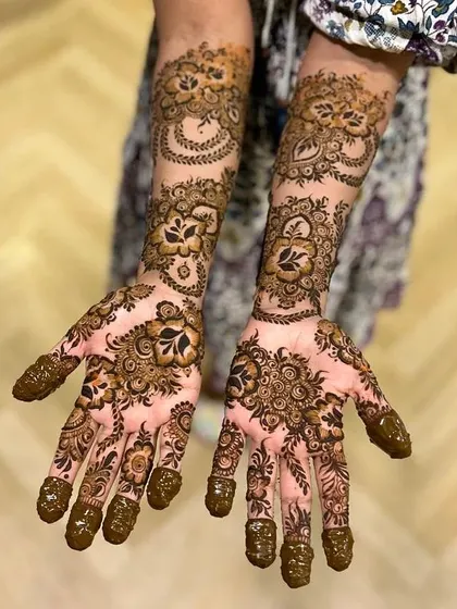 A full view of the bridesmaid's design, showcasing the flowing floral patterns from a different perspective.