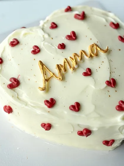 A simple and heartfelt cake for Amma. This heart-shaped cake is covered in white buttercream and decorated with tiny red hearts and a beautiful gold "Amma" script.