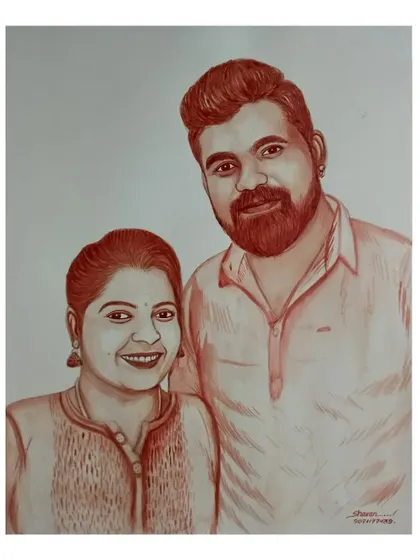 A happy couple captured in a custom blood portrait, a unique way to preserve a cherished memory.
