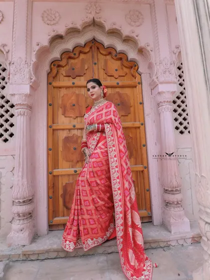 A full-length portrait in front of the ornate wooden door, showcasing the entire saree and its beautiful drape.