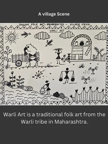 Warli art is a traditional folk art from Maharashtra. This piece shows a typical village scene, demonstrating the art's beautiful simplicity.