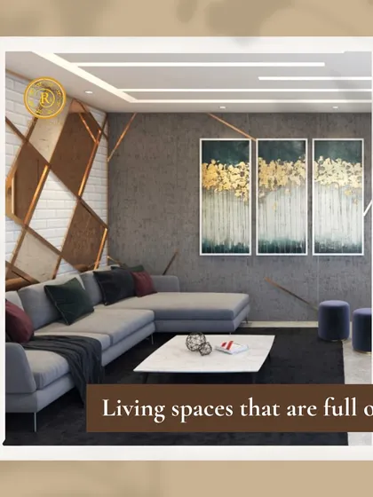 Living spaces that are full of life. This modern living room features a geometric accent wall, abstract art, and a comfortable sectional sofa, creating a dynamic and energetic vibe.