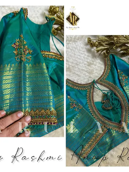 A peacock blue blouse with a keyhole cutout at the back. The saree's original zari border is used on the sleeves, and the neckline is finished with a delicate embroidered edge.