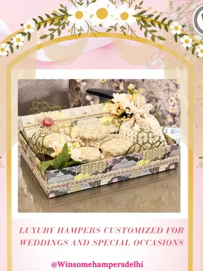 "Shaadi ka jashn ho to tohfe bhi khaas hone chahiye!" This luxury wedding hamper, with its intricate floral design and lace-wrapped jars, is a perfect example of traditional Indian gifting.