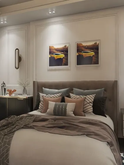 A moody and masculine bedroom render with a dark color scheme, leather-like headboard, and automotive-themed art for a personalized touch.