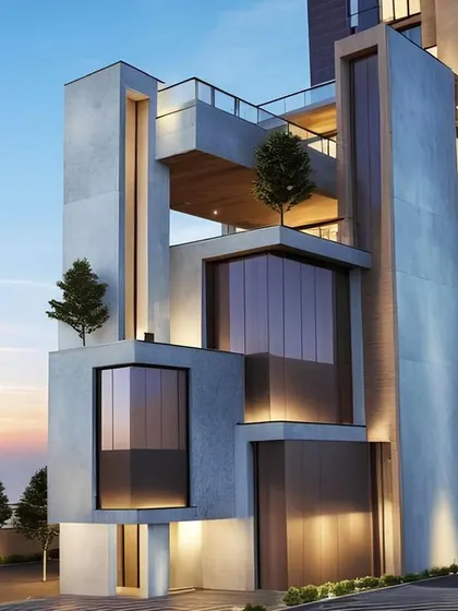 A conceptual design with interlocking concrete frames and large glass infills.