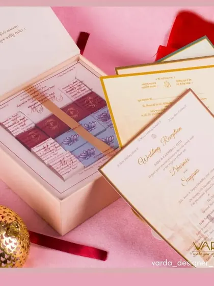 An exclusive wedding invitation set with a box of custom-printed chocolates and a variety of beautifully designed cards. This is perfect for couples who want a unique and highly personalized invitation experience.