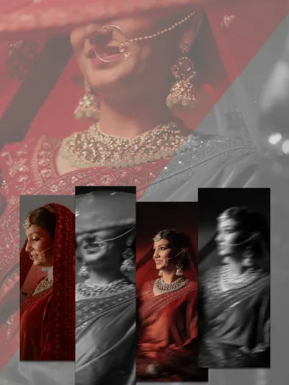 A creative collage of bridal portraits, using vertical panels to show different angles and moods. The mix of color and black and white with motion blur creates a dynamic and artistic effect.