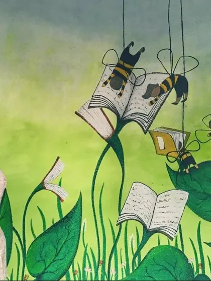 A whimsical mural for a school or library. This piece features bees reading books as they fly through a garden, designed to inspire a love for both nature and reading.