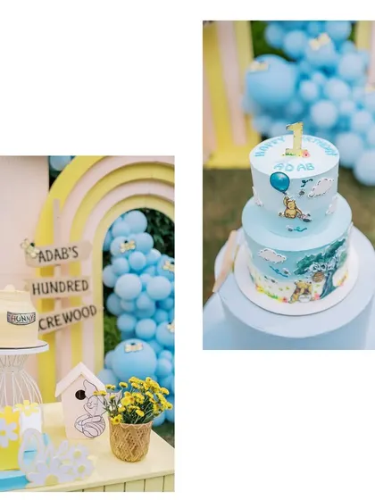 A duplicate image of the lovely Winnie the Pooh themed cake and dessert table.
