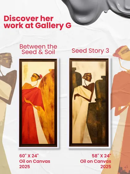Two works by Bharti Prajapati, 'Between the Seed & Soil' and 'Seed Story 3'. Her art reflects a deep connection to India’s rural soul, especially the strength, grace, and spirit of the women who inhabit it.
