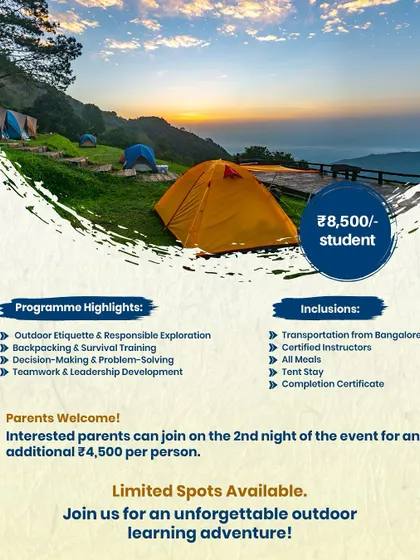 Our promotional flyer detailing the highlights of the Outdoor Etiquette & Leadership Camp. It outlines key skills like survival training, teamwork, and problem-solving.