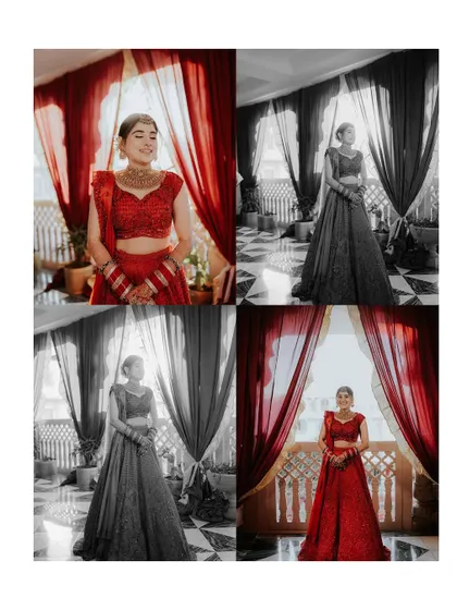 A four-panel collage showing the bride's portraits in both color and black and white, highlighting the versatility and timelessness of her look.