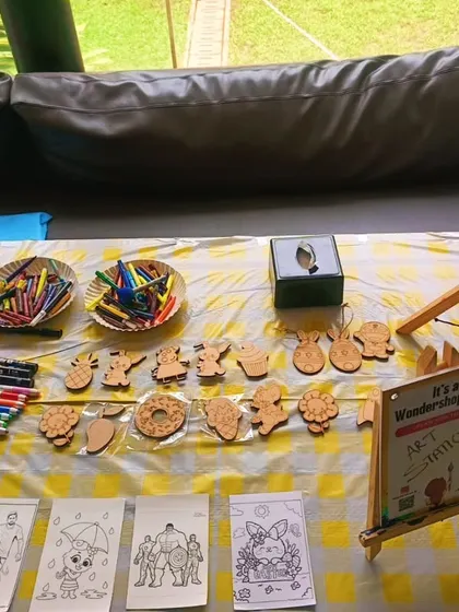 Here is the full art station setup for the fridge magnet and coloring activity. I provide a variety of wooden cutouts, markers, and coloring sheets to choose from.