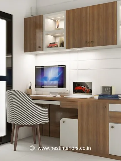 This 3D design is for a home office space. It features ample overhead storage, a large desk for multiple monitors, and a clean, professional look with wood and white finishes.