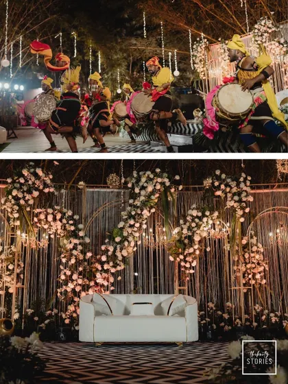 A diptych showcasing the Sangeet decor and the energetic performance of dhol players, setting the tone for a night of celebration.