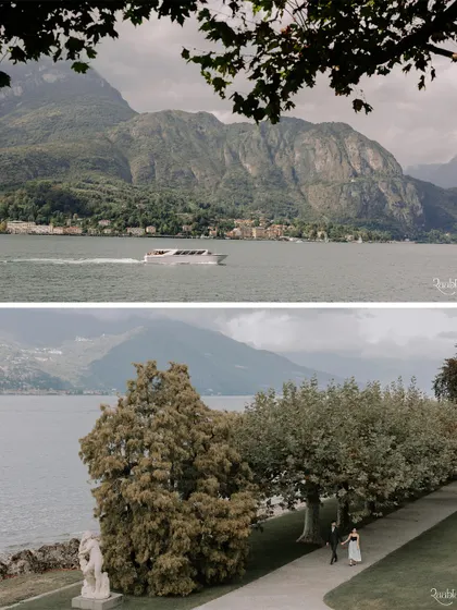 A diptych showing the grandeur of Lake Como with a boat on the water, and a quiet moment of the couple walking through the lakeside gardens.