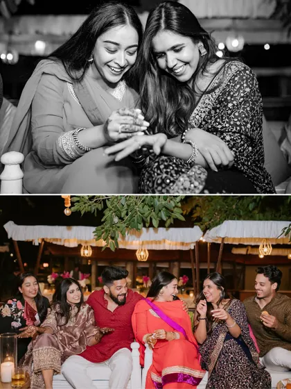 A collage of candid moments from a Mehendi night in Jim Corbett, showing friends laughing and enjoying the cozy, starlit atmosphere.