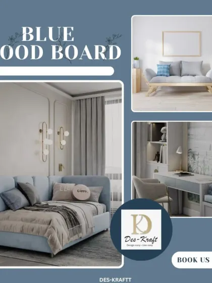 A mood board centered around a calming blue palette, demonstrating how we curate furniture, decor, and layouts to create a serene and stylish home.