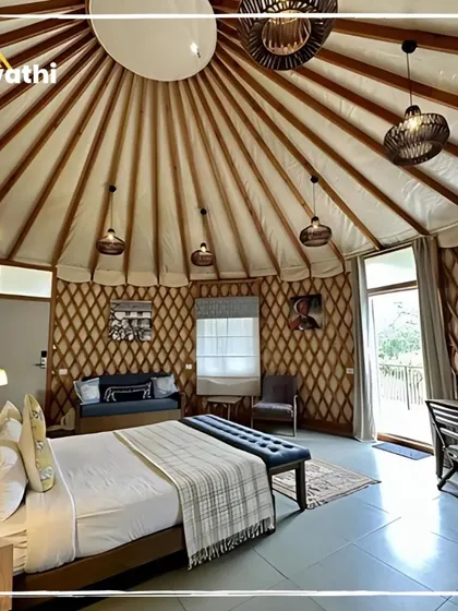 Step inside a unique yurt-style tent at Machaan Wilderness Lodge in Nagarhole. This is glamping at its finest, offering a luxurious and comfortable way to immerse yourself in the wilderness.