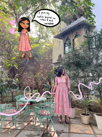 Picking my outfits based on vibes, not weather. This garden party look is paired with a cute Bratz doll version and a personalized quote.