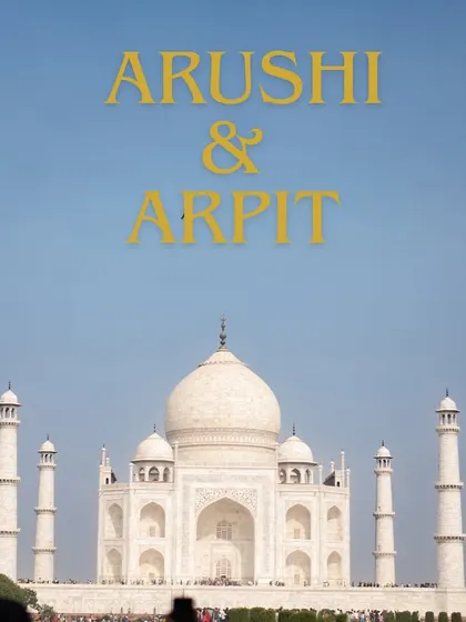 A simple yet powerful graphic announcing the couple's union against the iconic silhouette of the Taj Mahal, perfect for a save-the-date.