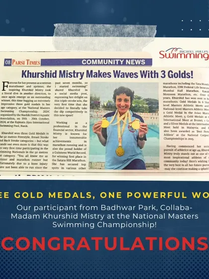 We are incredibly proud when our swimmers' achievements are recognized by the community. This is a newspaper feature on our talented masters swimmer, Khurshid Mistry, celebrating her three gold medals at the National Masters Swimming Championship. It's a testament to her hard work and our effective training program.