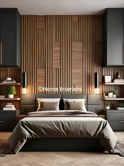 I believe a master bedroom should be a sanctuary. Here, I used a custom wood-panelled accent wall, integrated bedside shelves with task lighting, and symmetrical storage to create a balanced and sophisticated modern bedroom design.