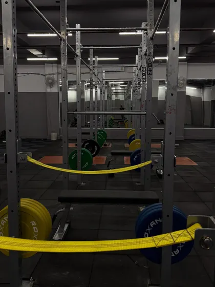 A perspective from within the power rack, the place where raw strength is forged. The gym is equipped with high-quality barbells and bumper plates to handle the heavy loads required for professional athlete training.