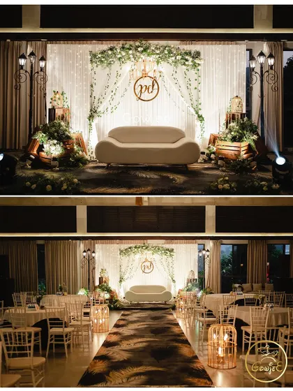 A collage of the elegant stage setup with a custom monogram and the overall view of the reception seating.