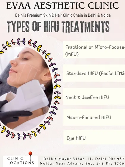 We offer various types of HIFU treatments tailored to specific needs. This includes Micro-Focused HIFU (MFU), Standard Facial Lifting, Neck & Jawline HIFU, Macro-Focused HIFU, and specialized Eye HIFU.