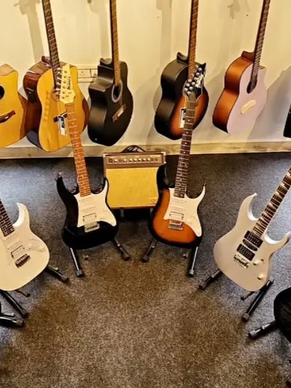 A gathering of Ibanez electric guitars, showcasing the precision, performance, and playability of the brand. Each model is designed for speed and tonal versatility, a favorite among rock and metal guitarists.