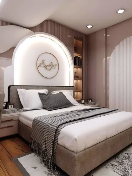 A wider view of the daughter's bedroom, highlighting the curved ceiling detail that follows the shape of the headboard and wardrobe. This creates a soft, flowing, and cohesive design.