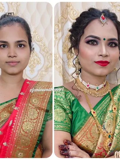 A before and after of a client for a wedding event. I gave her a classic look with defined eyes and red lips that perfectly suited her green and red saree.