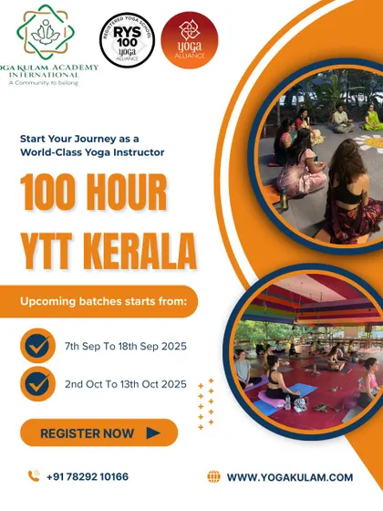 Our 100-hour YTTC in Kerala is a great way to deepen your practice. This poster highlights upcoming batches and shows glimpses of our classroom and outdoor practice spaces.