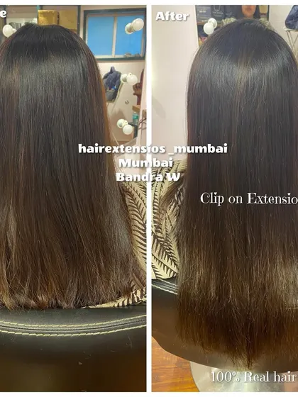 A before and after of a client with our clip-on extensions. This shows how even temporary options can create a significant and natural-looking increase in length and volume.