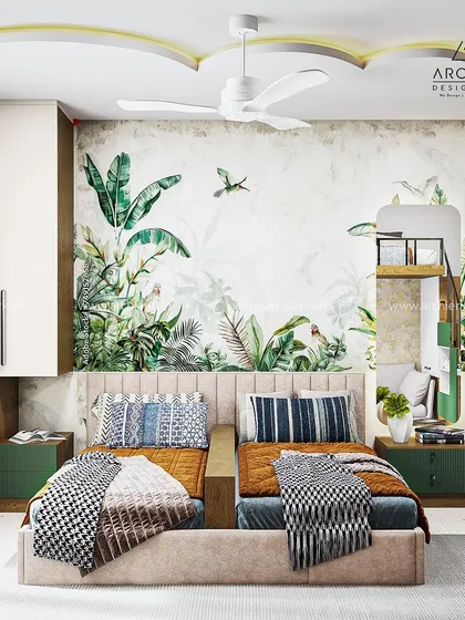 This jungle-themed kids' room is perfect for little adventurers. The design features twin beds, a vibrant wall mural, and a mix of green, white, and warm wood tones.