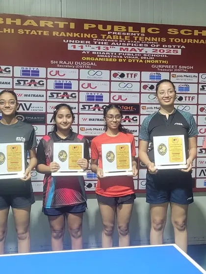 The winners of the U-17 girls' category at the Delhi State Ranking Tournament. Akanksha Singhal stands proudly with her bronze medal, a result of her grit and skill.