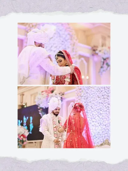 Two moments from the varmala ceremony, a pivotal part of the wedding. The makeup is designed to be tear-proof and long-lasting.