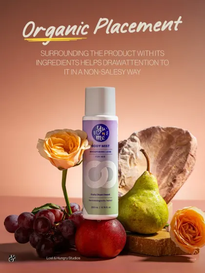 This shot for Yunme body mist demonstrates "organic placement." We surrounded the product with its natural ingredients like fruits and flowers to communicate its fragrance in a non-salesy, visual way.